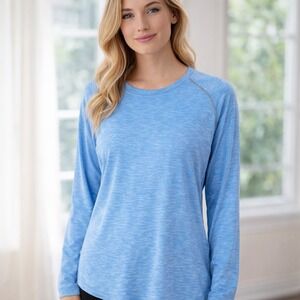 Patagonia Tropic Comfort Crew Shirt top Womens M Blue Thumb Holes Hiking *flaw*